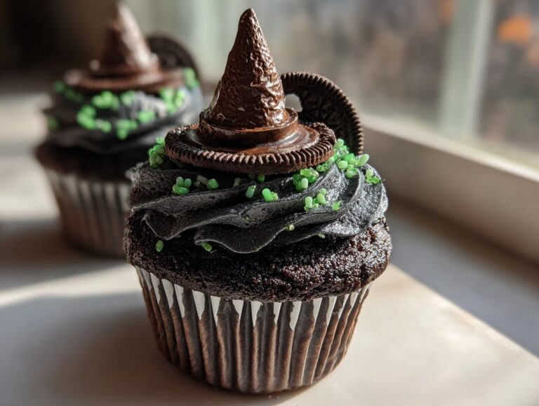 A close-up of a Witch Hat Cupcake with dark frosting, green sprinkles, and a chocolate witch hat.