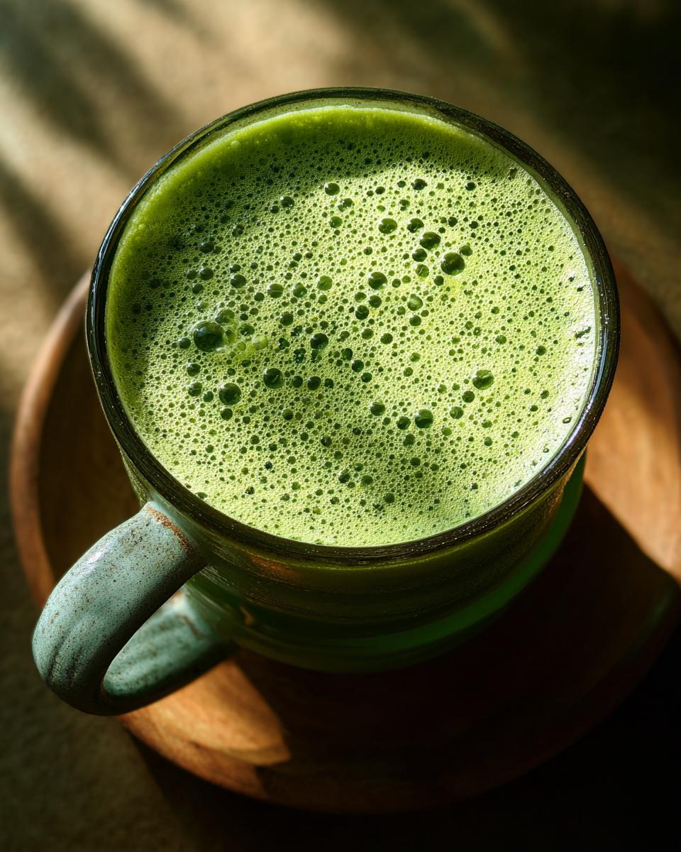 A close-up overhead view of a frothy, vibrant green Witches' Brew Punch in a rustic mug, served on a wooden coaster.