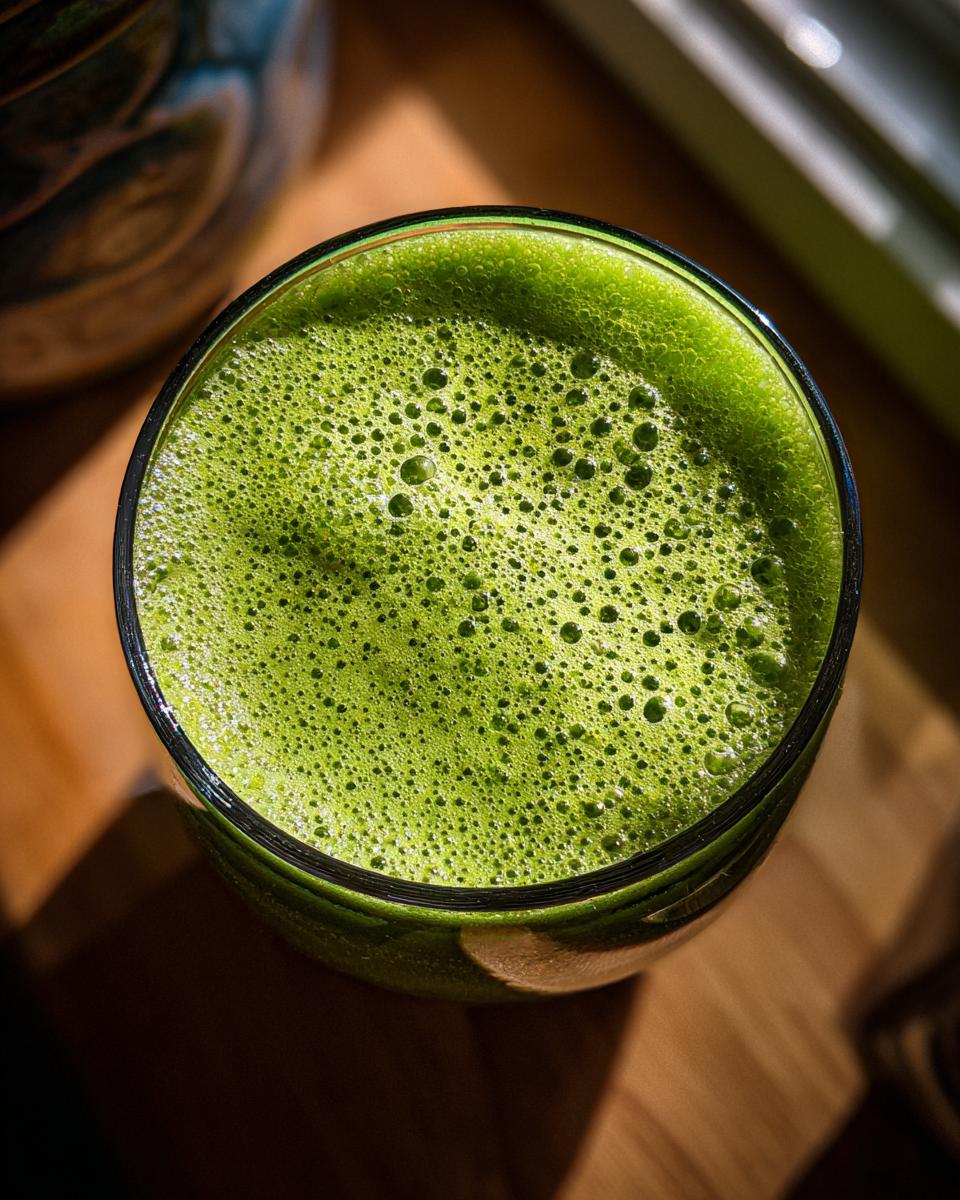 Close-up top view of a glass filled with vibrant green, frothy Witches' Brew Punch.