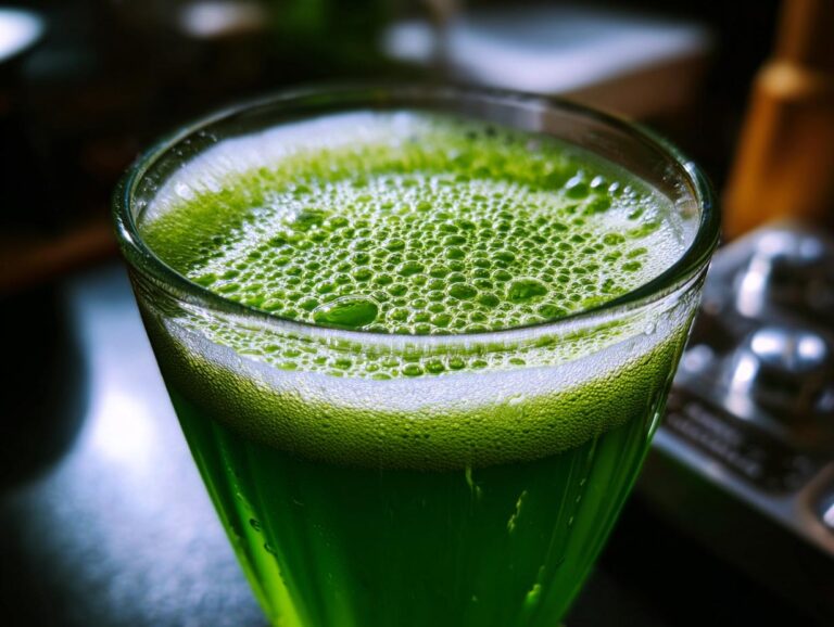 Close-up of a glass filled with vibrant green Witches' Brew Punch, topped with a frothy layer of bubbles.