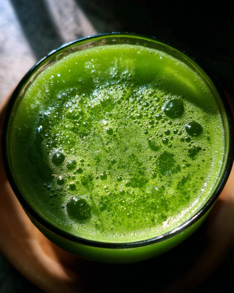 Top-down view of a glass filled with vibrant green Witches' Brew Punch, showing a frothy, bubbling surface.