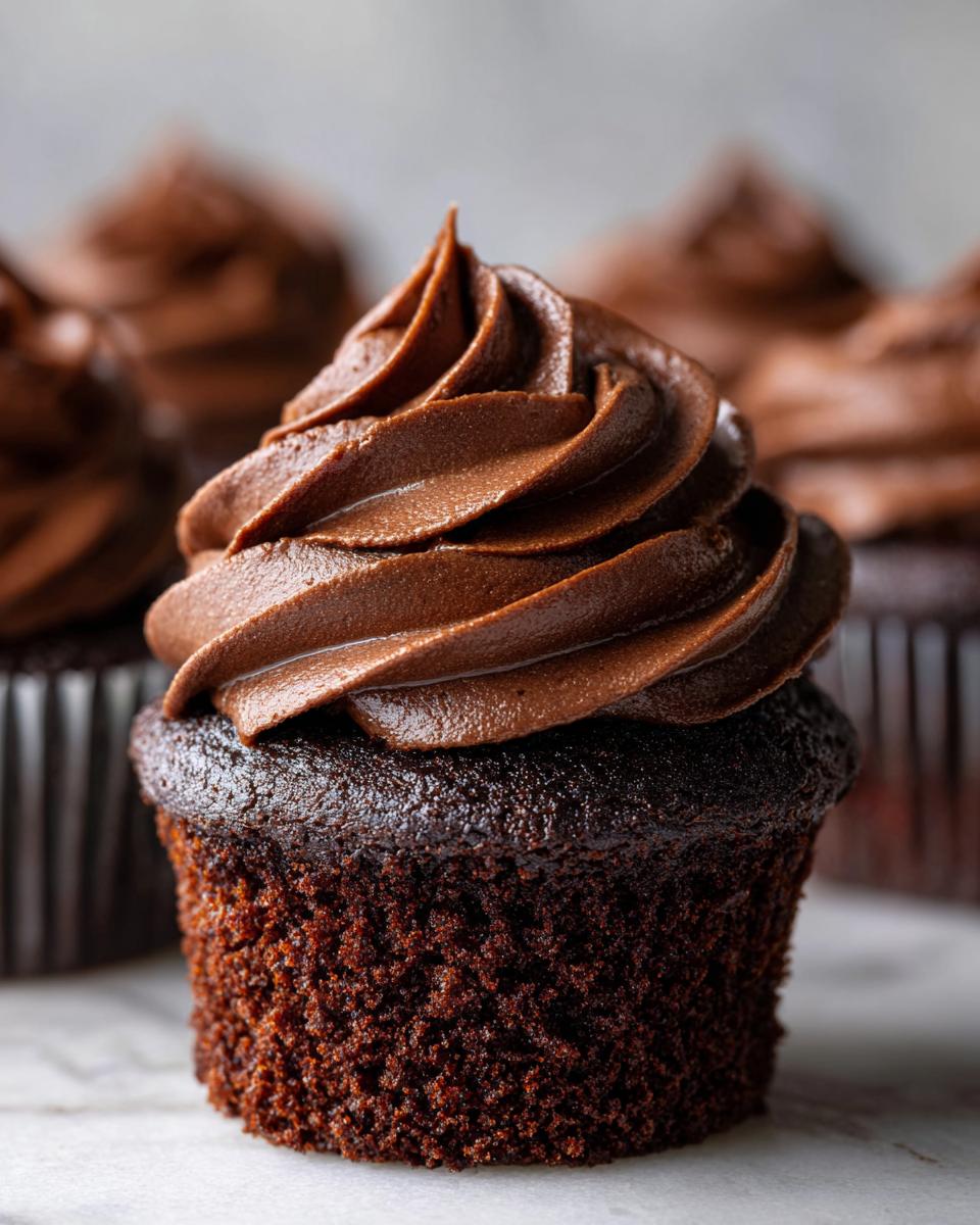 Close-up of an amazing chocolate cupcake topped with swirls of rich chocolate frosting. Other cupcakes are blurred in the background.