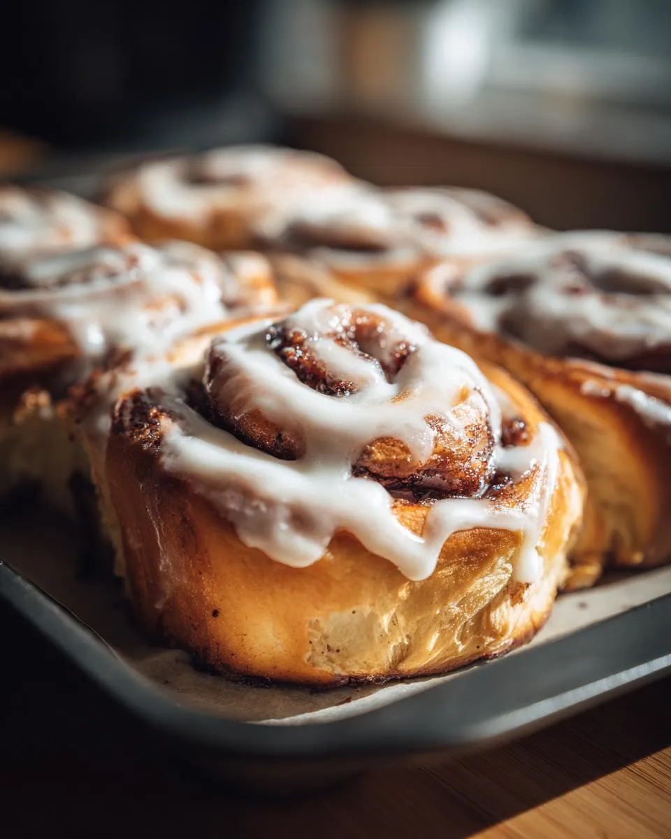 Close-up of a freshly baked cinnamon roll, generously drizzled with white icing.