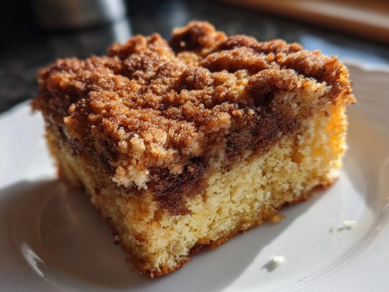 A close-up of a moist slice of coffee cake with a cinnamon streusel topping on a white plate.