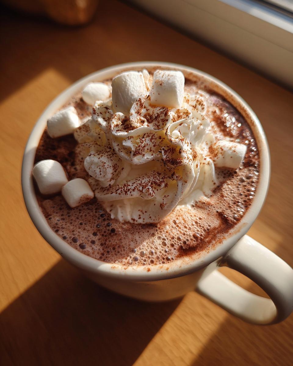 A steaming mug of rich hot chocolate topped with whipped cream, marshmallows, and a sprinkle of cocoa powder.