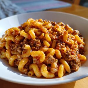A close-up of a bowl of delicious American goulash, featuring elbow macaroni and seasoned ground beef in a rich tomato sauce.