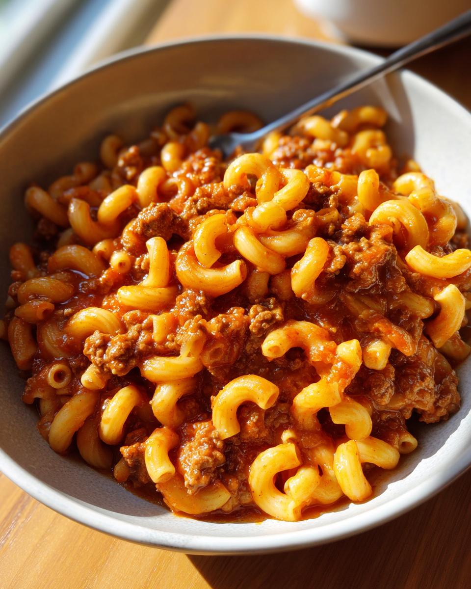 A close-up of a bowl of delicious American goulash, featuring elbow macaroni and seasoned ground beef in a rich tomato sauce.