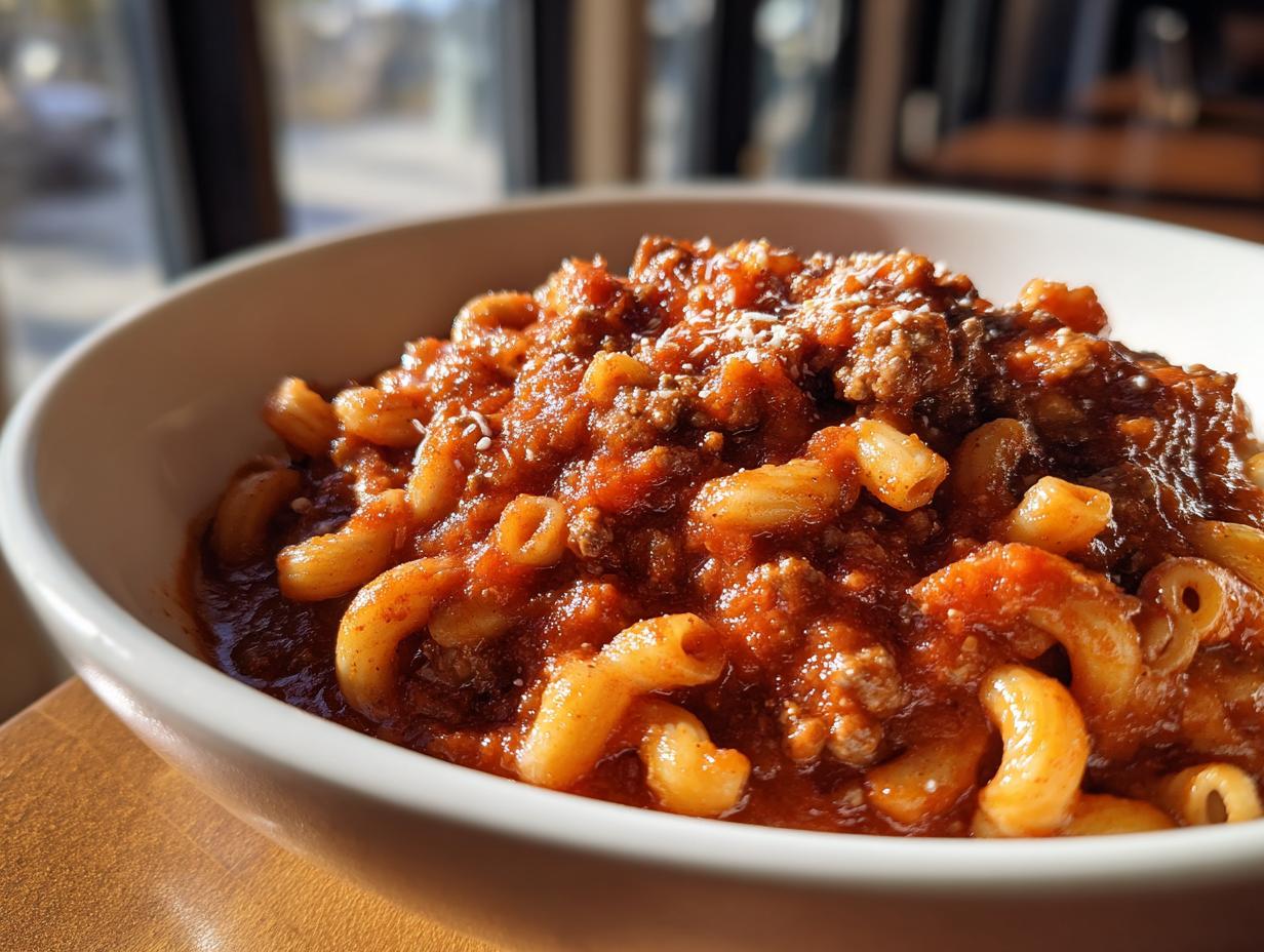 A close-up of a bowl of delicious American goulash, featuring elbow macaroni in a rich tomato and ground beef sauce.