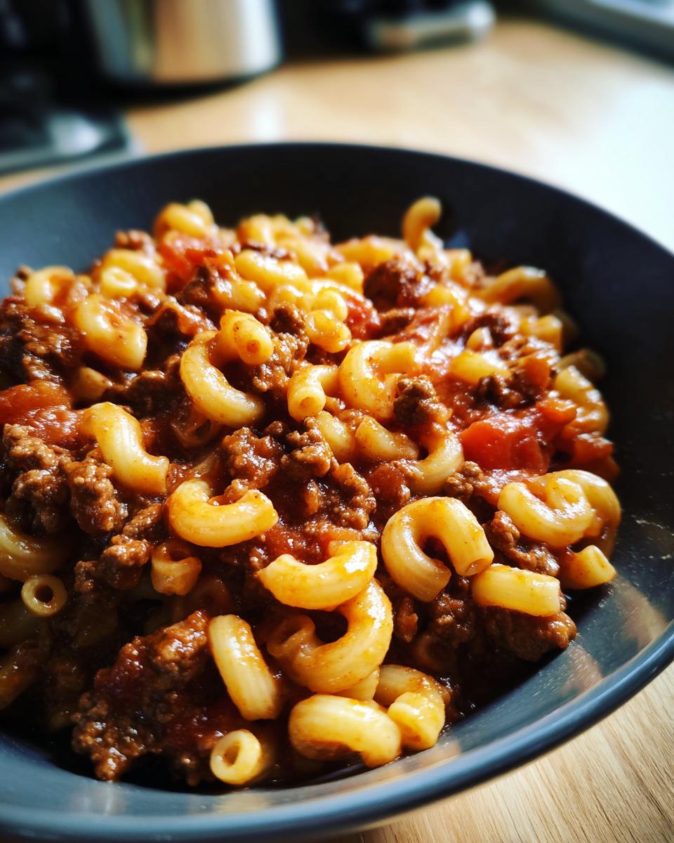 A close-up of a bowl filled with delicious American goulash, featuring elbow macaroni and seasoned ground beef in a rich tomato sauce.