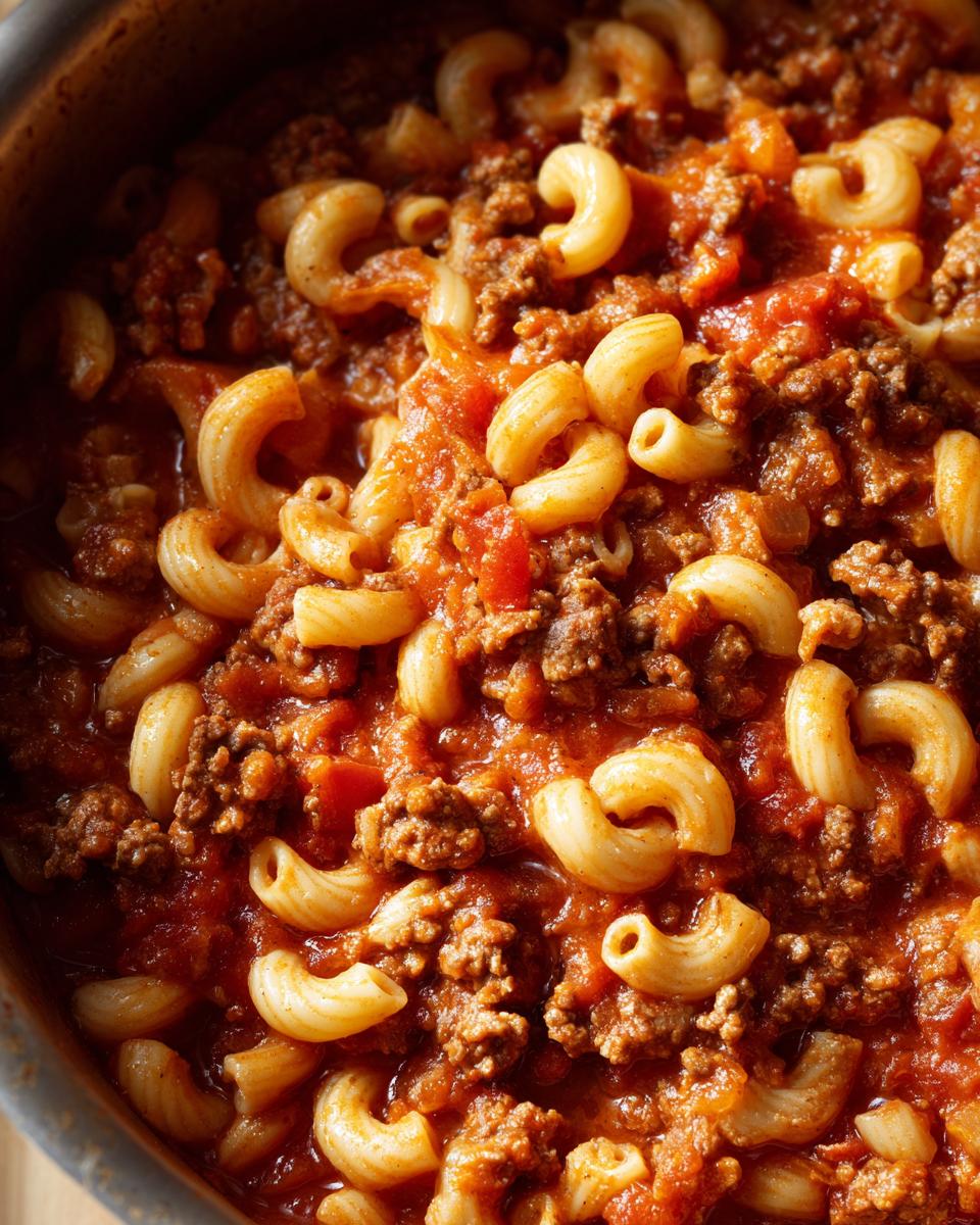 Close-up of a pot filled with delicious American goulash, featuring elbow macaroni and seasoned ground beef in a rich tomato sauce.
