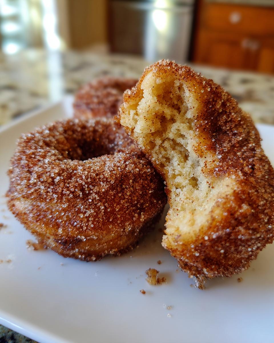 Close-up of a homemade apple cider donut, coated in cinnamon sugar, with a bite taken out showing its fluffy interior.
