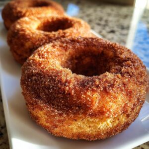 Close-up of a freshly baked apple cider donut coated in cinnamon sugar.