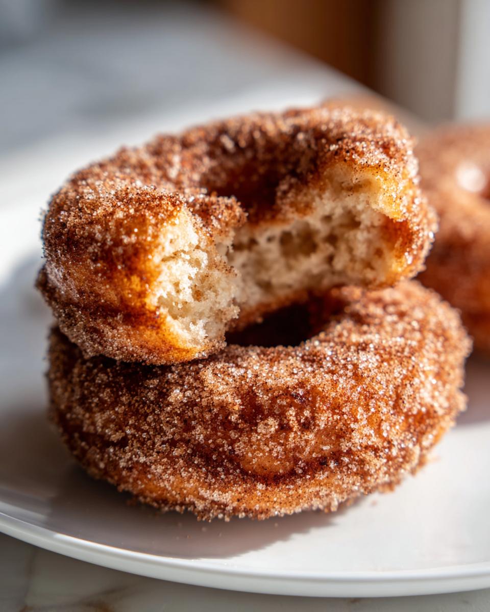 A close-up shot of two delicious apple cider donuts, coated in cinnamon sugar, with one donut broken in half.
