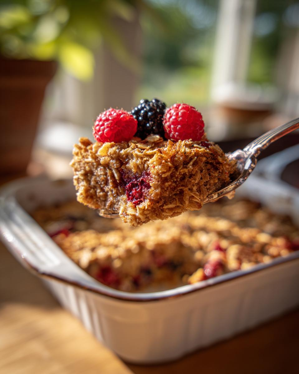 A spoonful of cozy baked oatmeal topped with fresh raspberries and a blackberry.