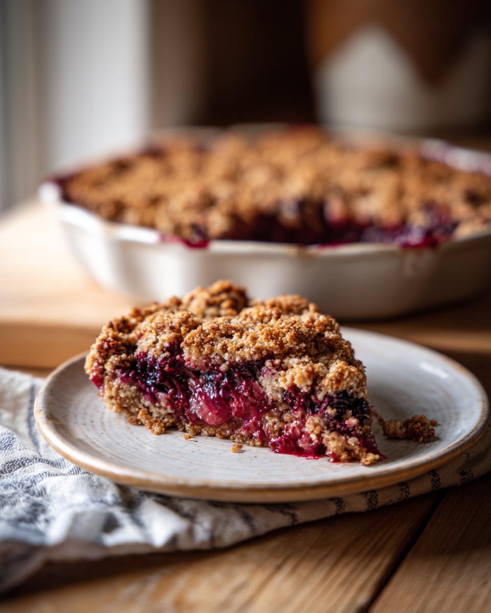 A slice of cozy baked oatmeal with a berry filling and a crunchy crumble topping, served on a plate.