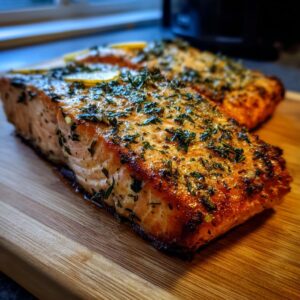 Close-up of a perfectly baked salmon fillet seasoned with herbs and topped with lemon slices.