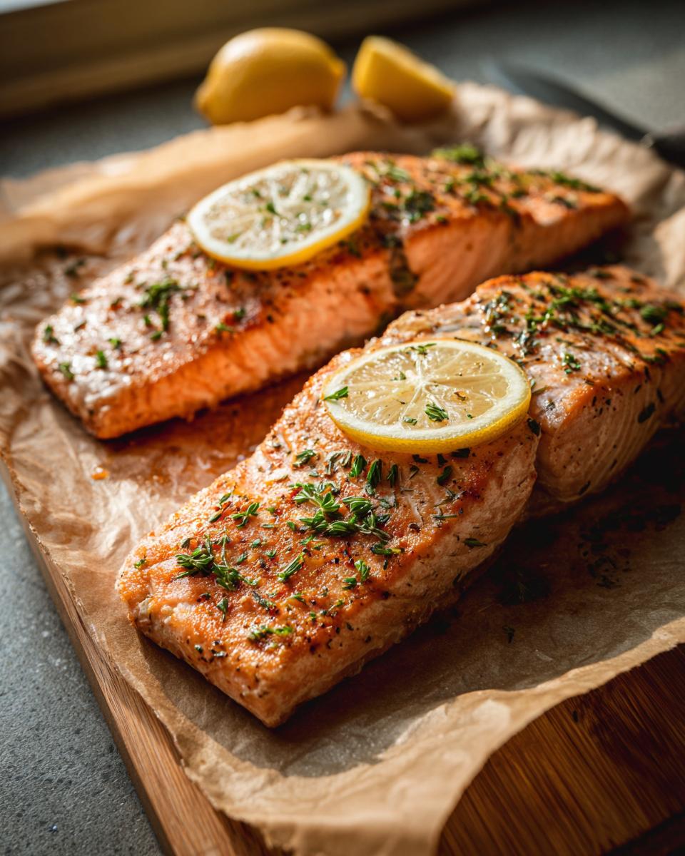 Two perfectly cooked fillets of baked salmon, topped with lemon slices and fresh herbs, served on parchment paper.