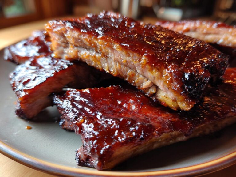 Close-up of tender, glazed BBQ ribs piled on a plate, showcasing the rich sauce and juicy meat.