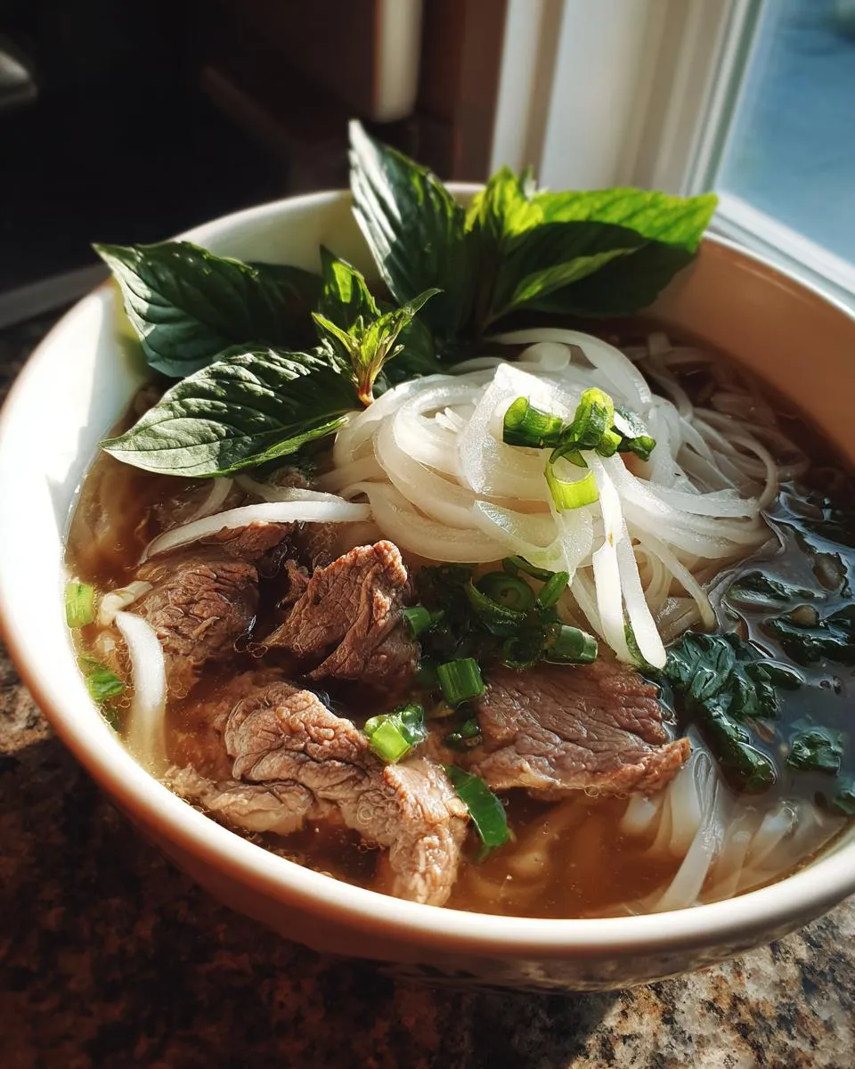 A close-up of a steaming bowl of beef Pho, featuring tender slices of beef, rice noodles, onions, and fresh basil.