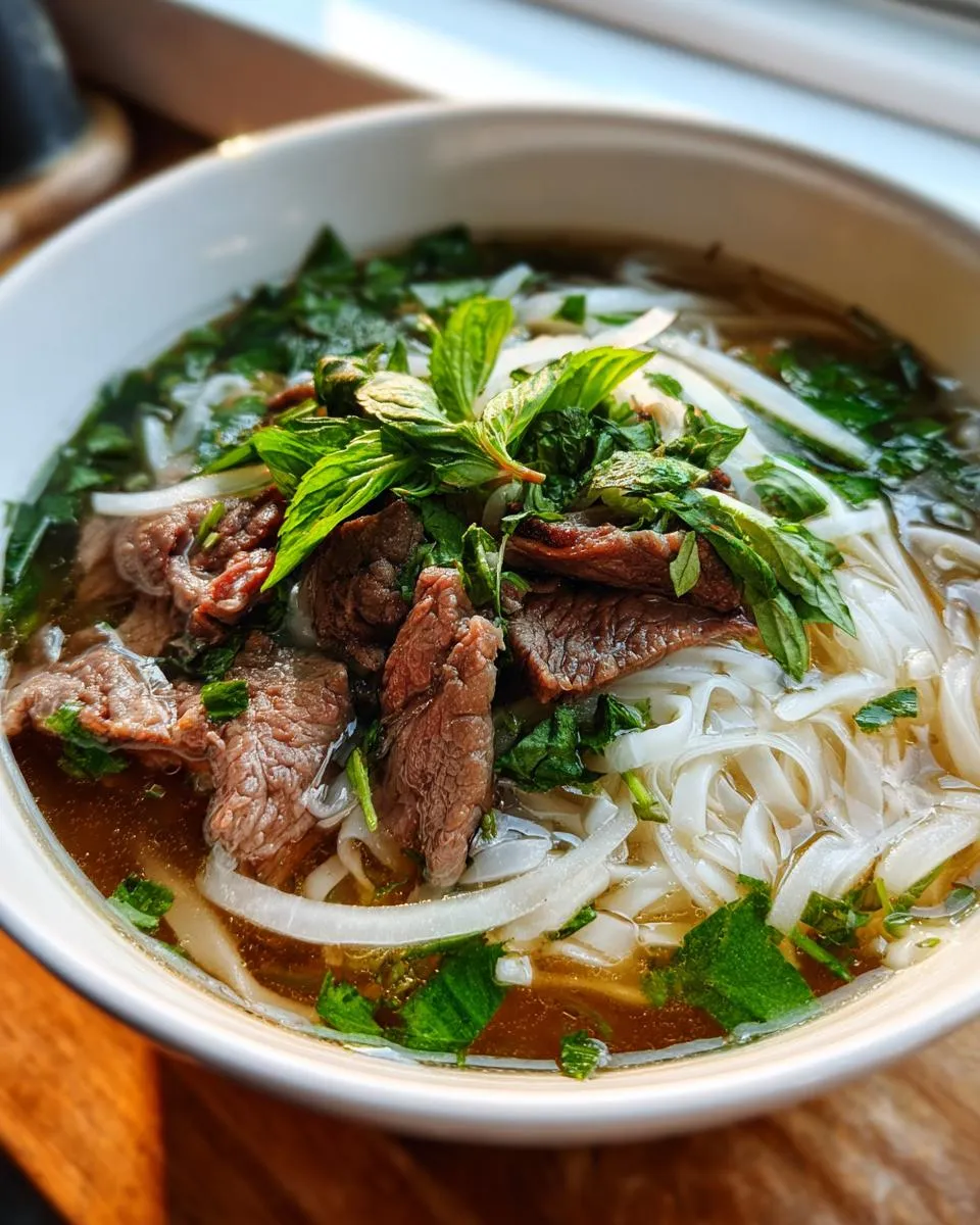 A close-up of a steaming bowl of beef Pho, featuring tender slices of beef, rice noodles, fresh herbs, and clear broth.