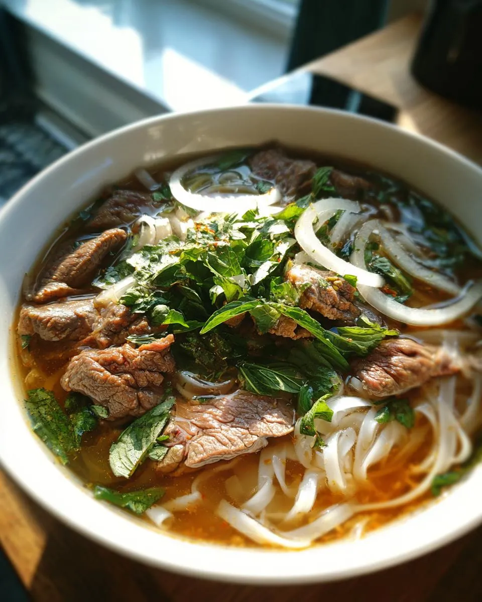 A close-up shot of a steaming bowl of beef Pho, featuring tender slices of beef, rice noodles, fresh herbs, and thinly sliced onions.
