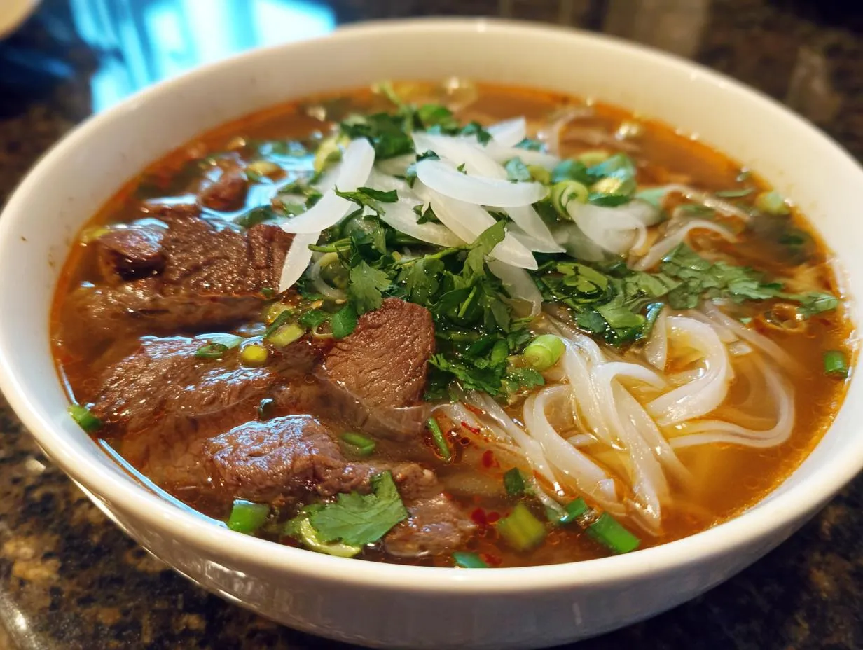 A steaming bowl of authentic beef Pho, featuring tender slices of beef, rice noodles, fresh cilantro, and onions.