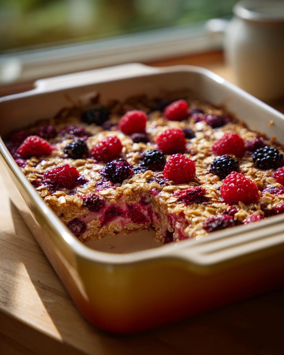 A golden-brown baked oatmeal with fresh raspberries and blackberries, a slice removed, in a yellow baking dish.