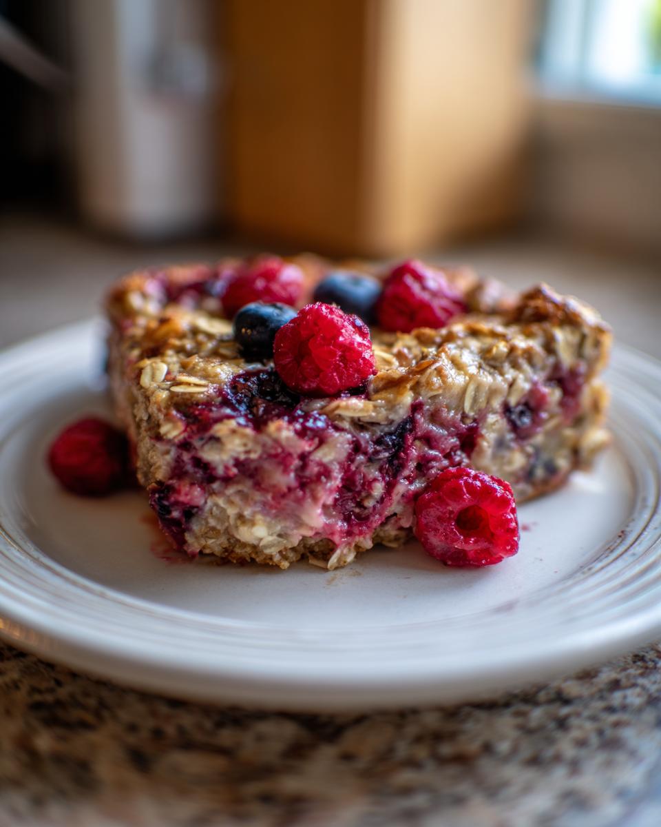 A close-up of a slice of berry baked oatmeal topped with fresh raspberries and blueberries.