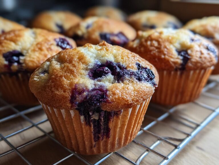 Close-up of golden-brown blueberry muffins with visible blueberries, cooling on a wire rack.