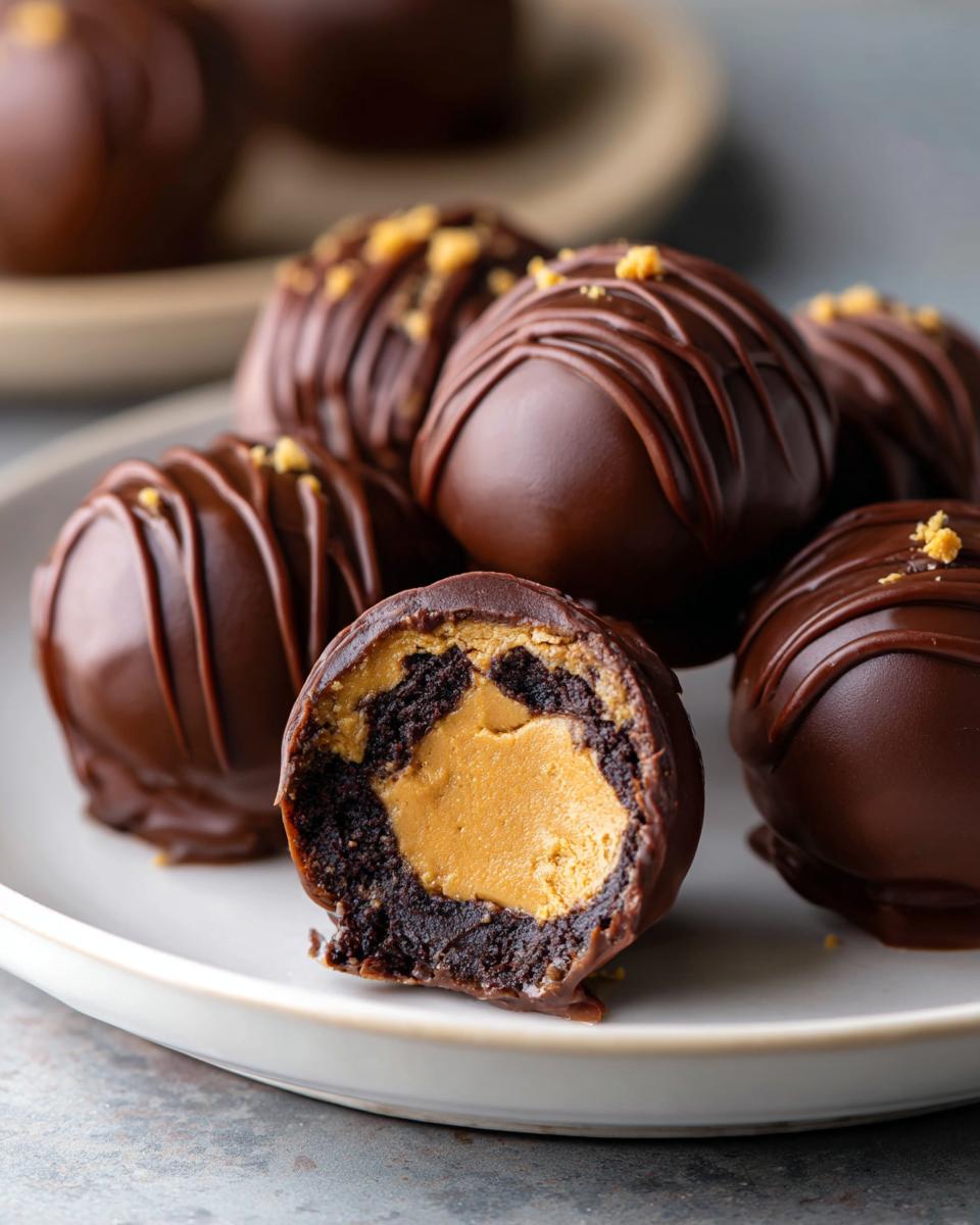Close-up of chocolate-covered Buckeye balls, with one cut in half to reveal the peanut butter filling.