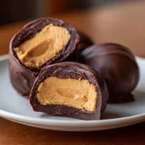 Close-up of two homemade Buckeye Balls, one cut in half to reveal a creamy peanut butter filling coated in dark chocolate.