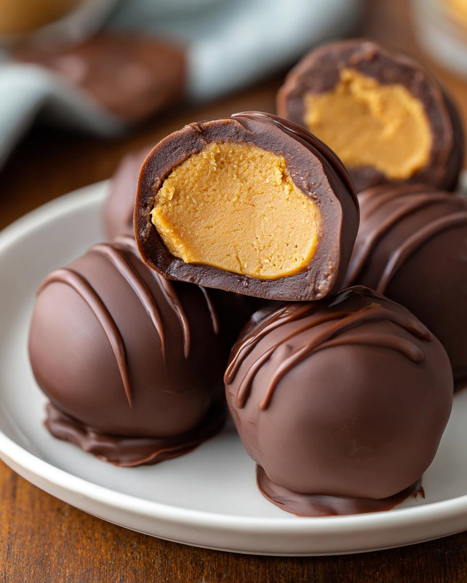 Close-up of homemade Buckeye Balls, with one cut in half to reveal the creamy peanut butter center.