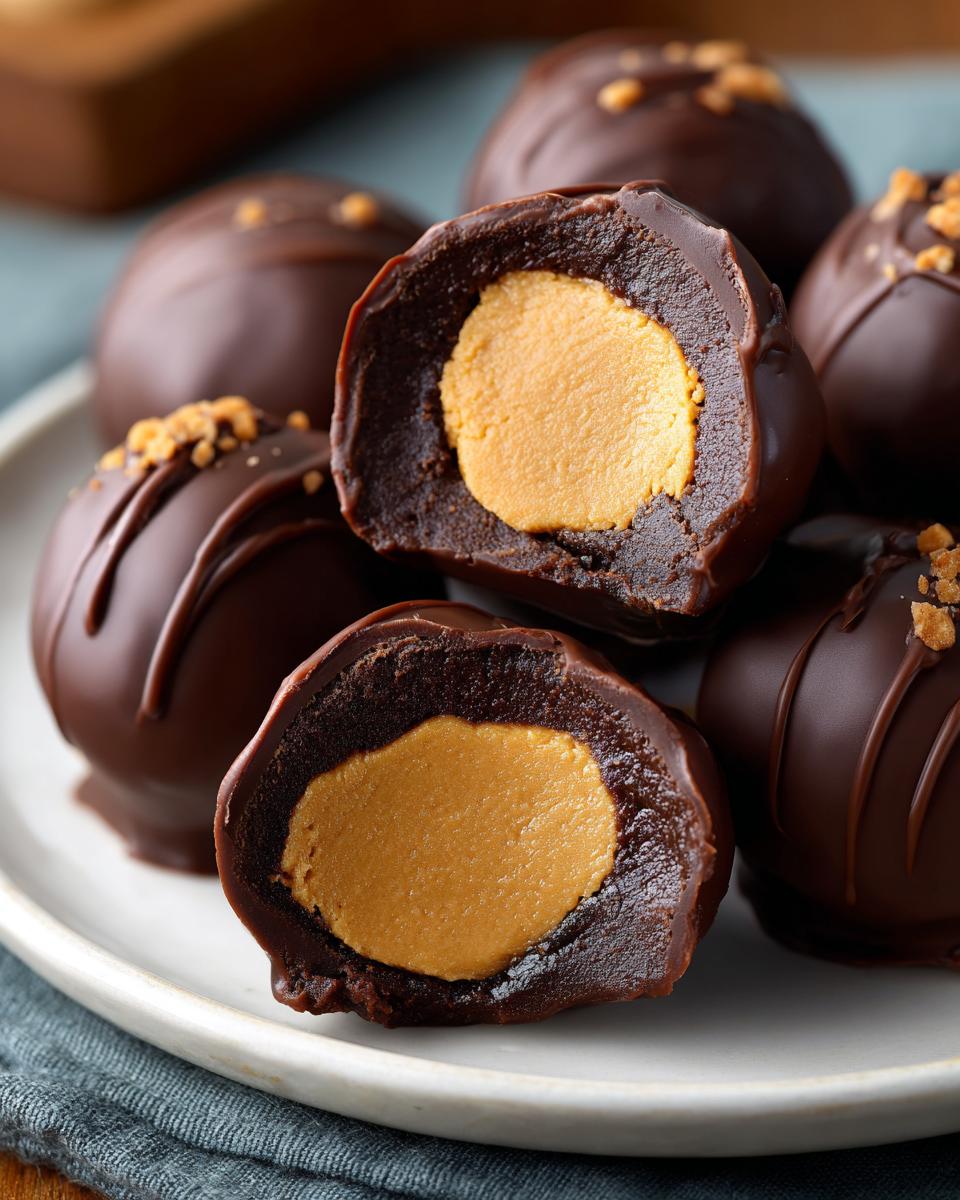 Close-up of homemade Buckeye Balls, showing the rich chocolate coating and creamy peanut butter filling.