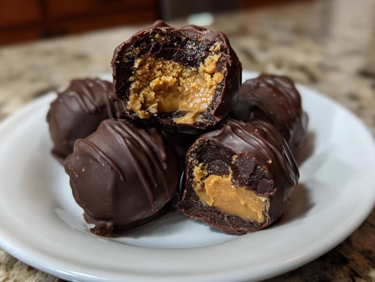 Close-up of homemade Buckeye balls on a white plate, one cut in half showing the rich chocolate coating and creamy peanut butter filling.