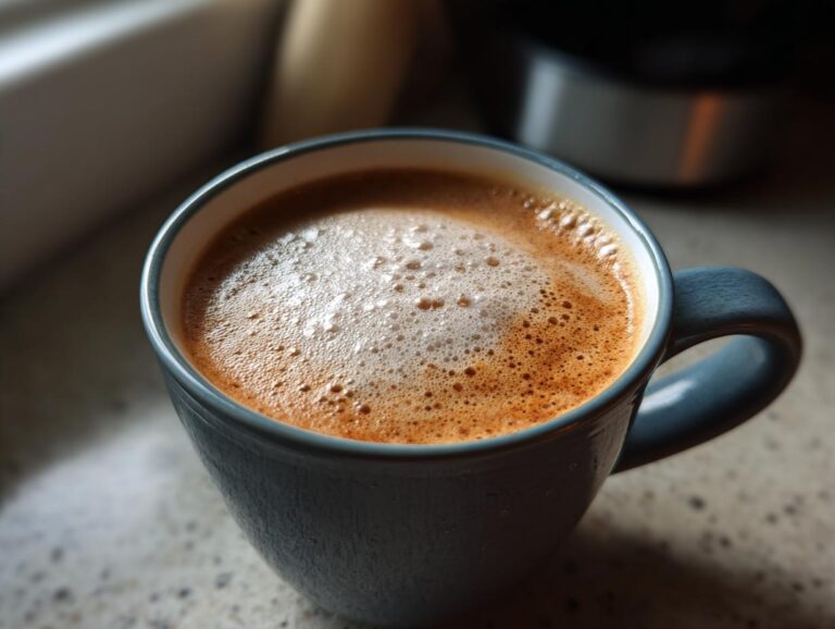 A close-up of a frothy, warm chai latte in a textured blue mug, perfect for a cozy day.