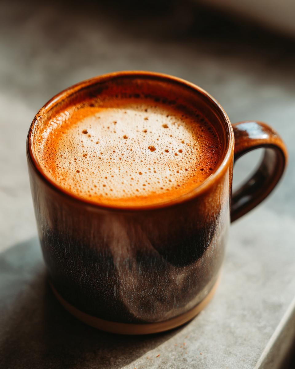A close-up of a steaming chai latte in a rustic ceramic mug, topped with frothy foam.