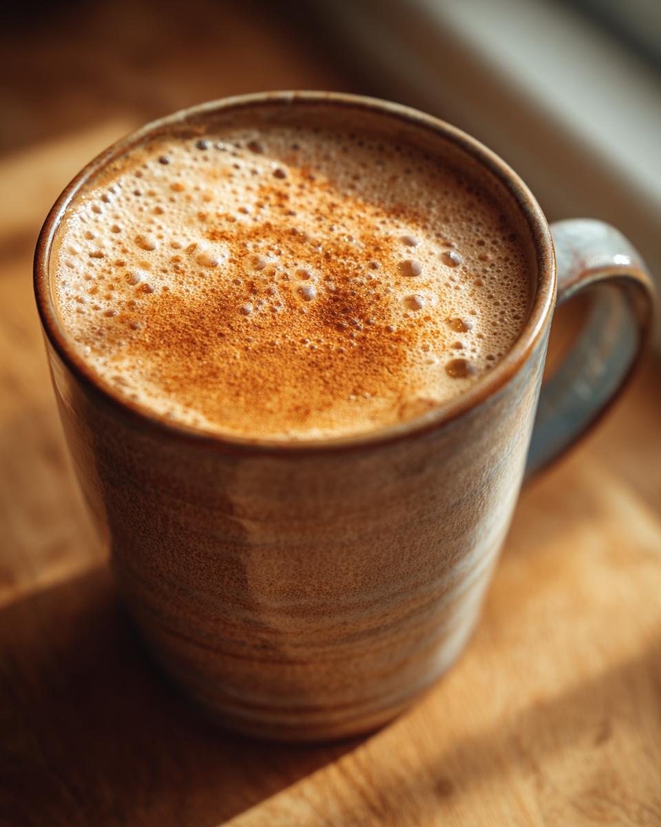 Close-up of a frothy chai latte in a rustic mug, dusted with cinnamon.