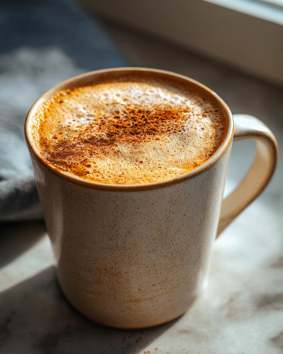 A close-up of a steaming mug filled with a frothy Chai Latte, dusted with cinnamon.