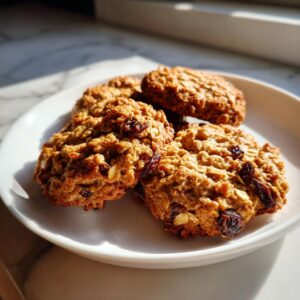 Close-up of several chewy oatmeal raisin cookies piled on a white plate, with visible oats and raisins.
