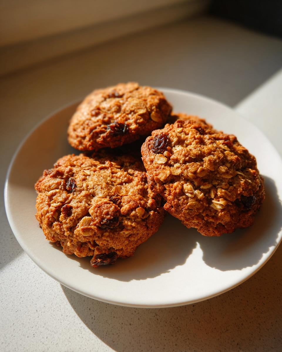 Three delicious oatmeal raisin cookies piled on a white plate, bathed in warm sunlight.