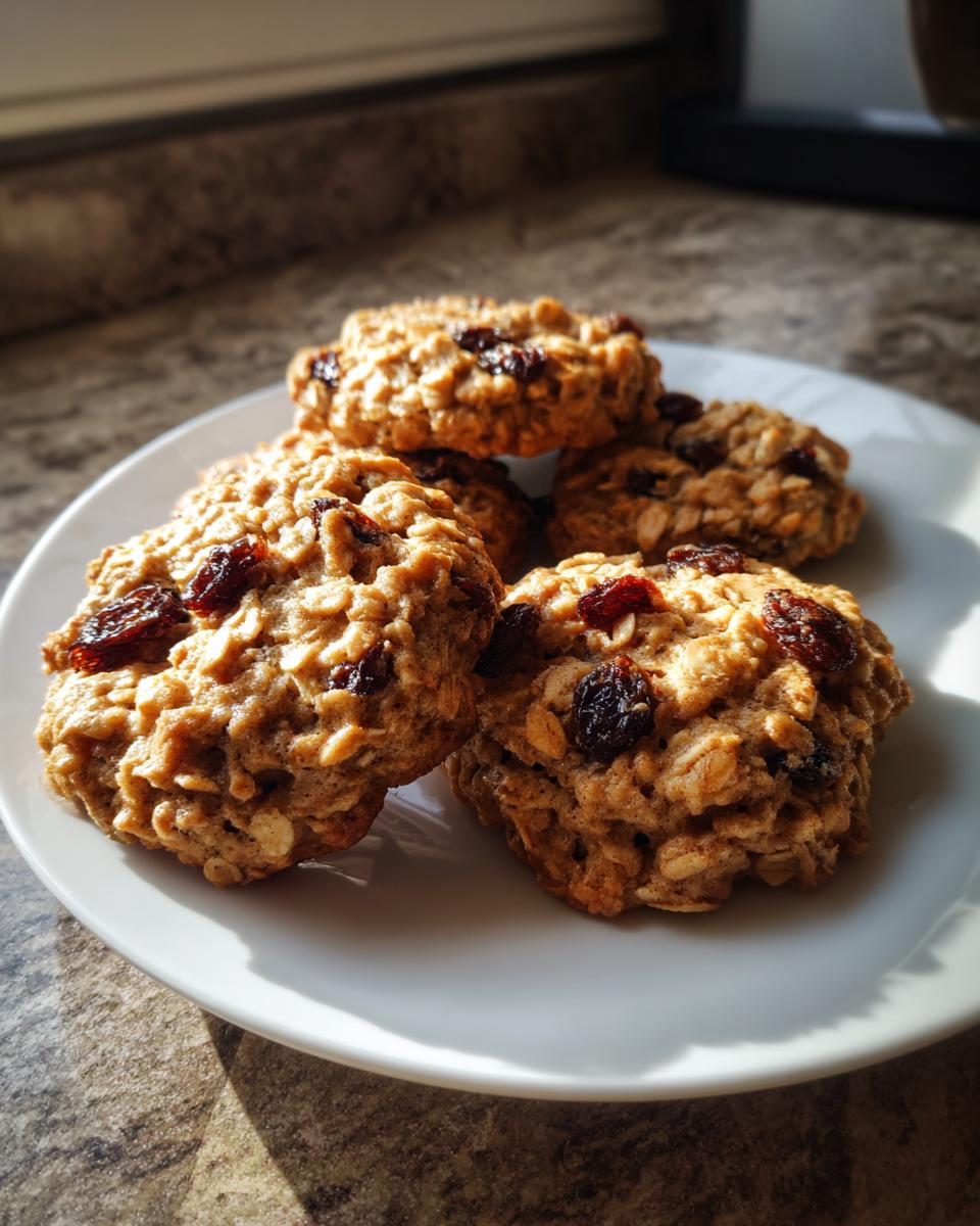 A close-up of several chewy oatmeal raisin cookies piled on a white plate, bathed in warm sunlight.