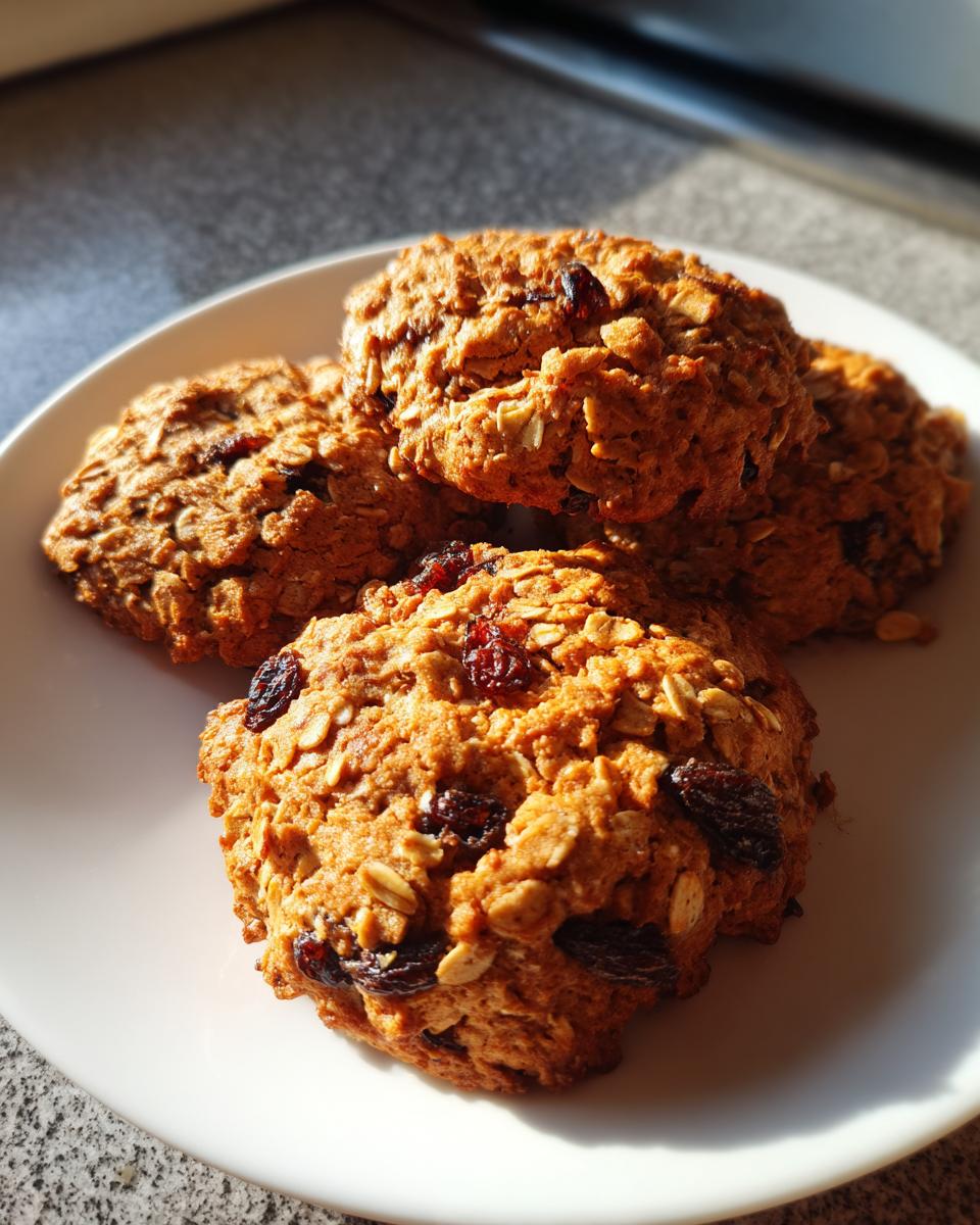 Close-up of a stack of chewy oatmeal raisin cookies on a white plate, with visible oats and plump raisins.