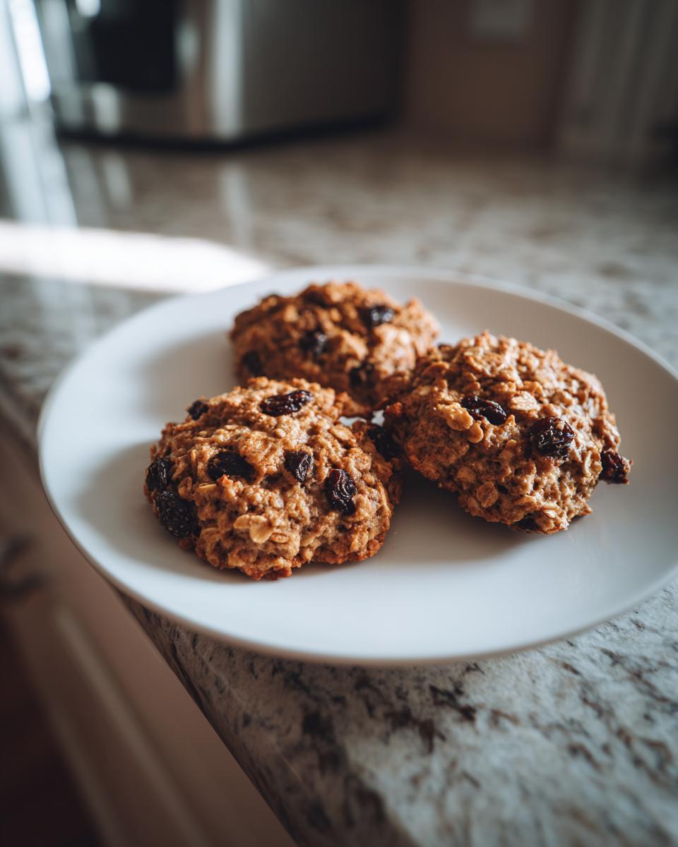 Three chewy oatmeal raisin cookies are arranged on a white plate, showcasing their texture and plump raisins.