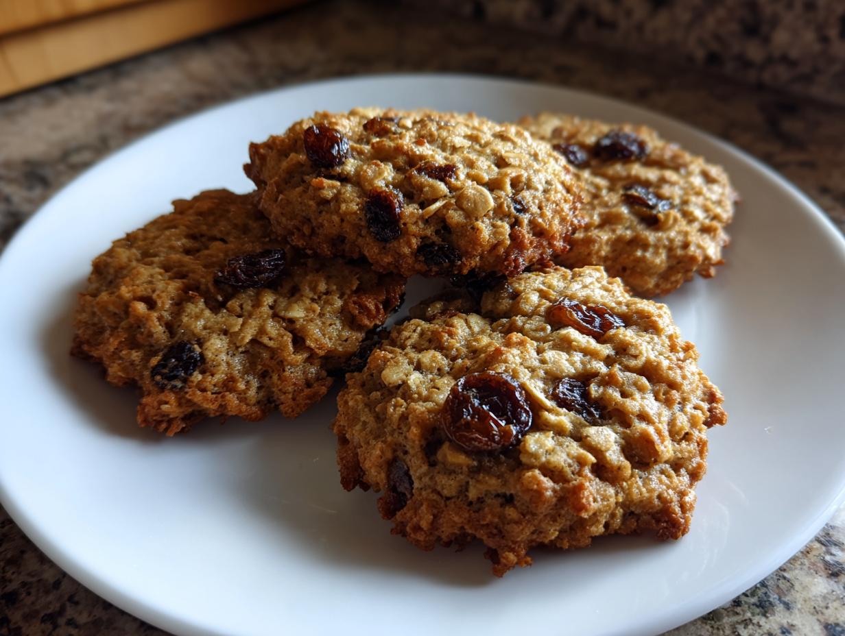 A close-up of four chewy oatmeal raisin cookies piled on a white plate, showcasing their texture and plump raisins.