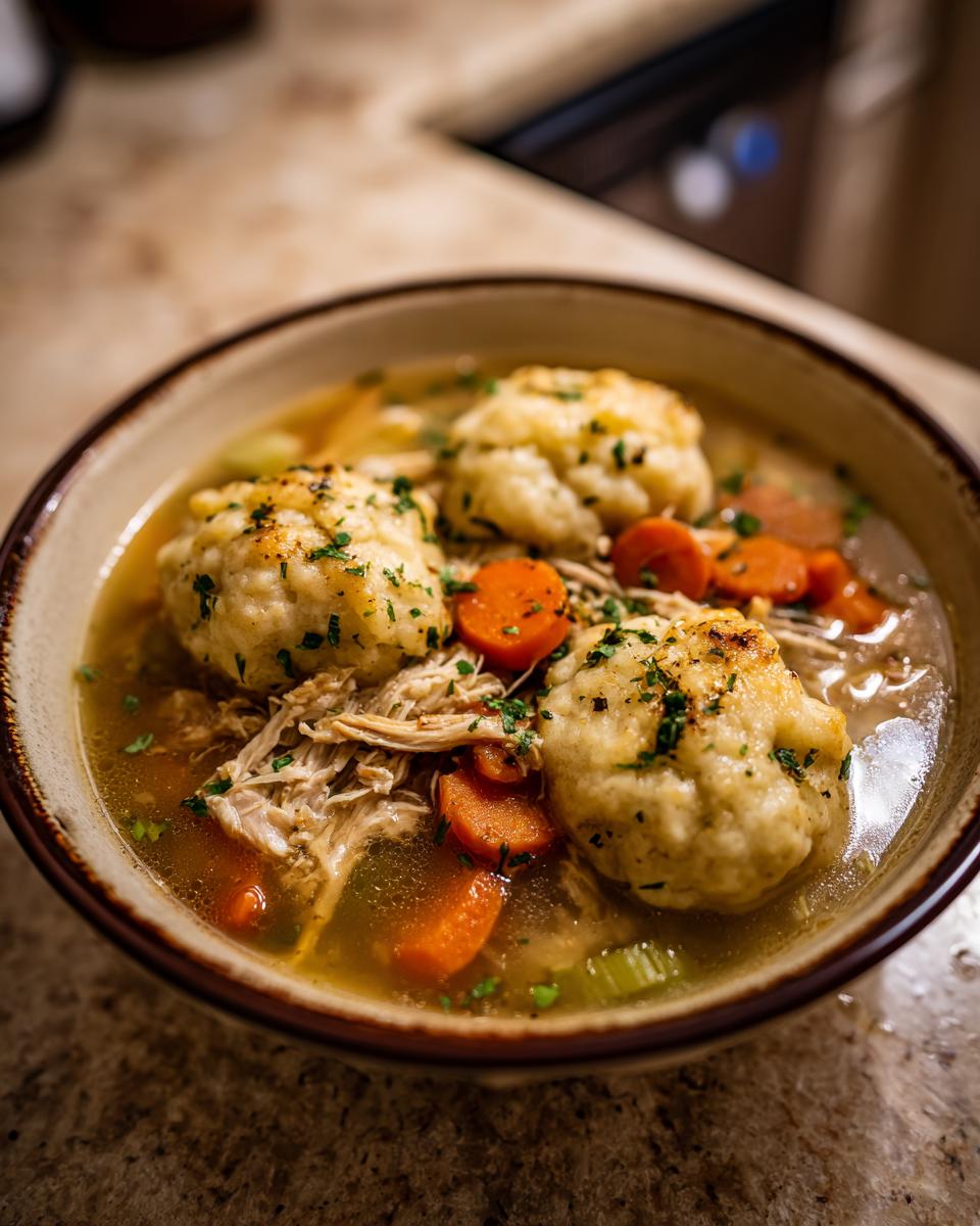 A close-up of a bowl of comforting chicken and dumplings, featuring shredded chicken, carrots, and fluffy dumplings topped with parsley.