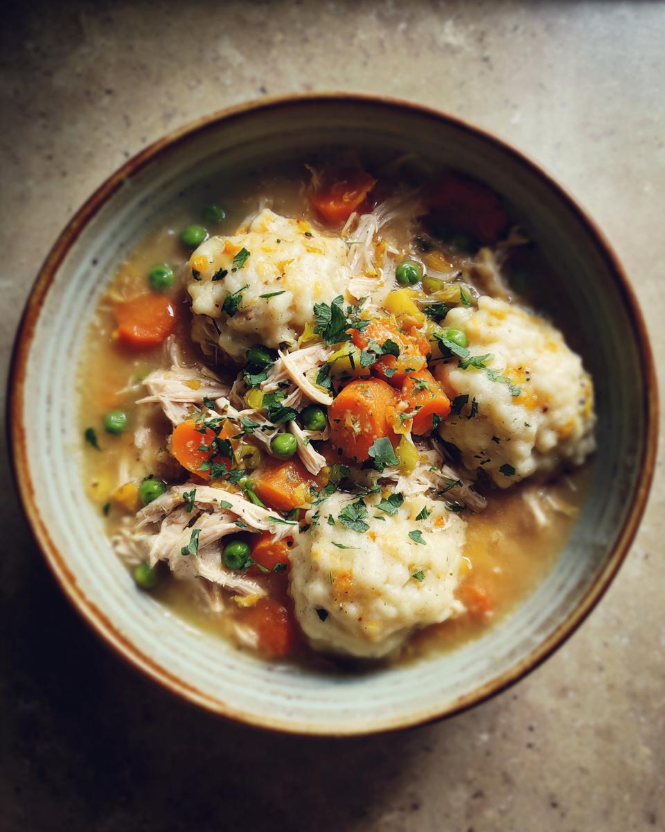 A close-up overhead view of a bowl of comforting chicken and dumplings, featuring shredded chicken, carrots, peas, and fluffy dumplings.