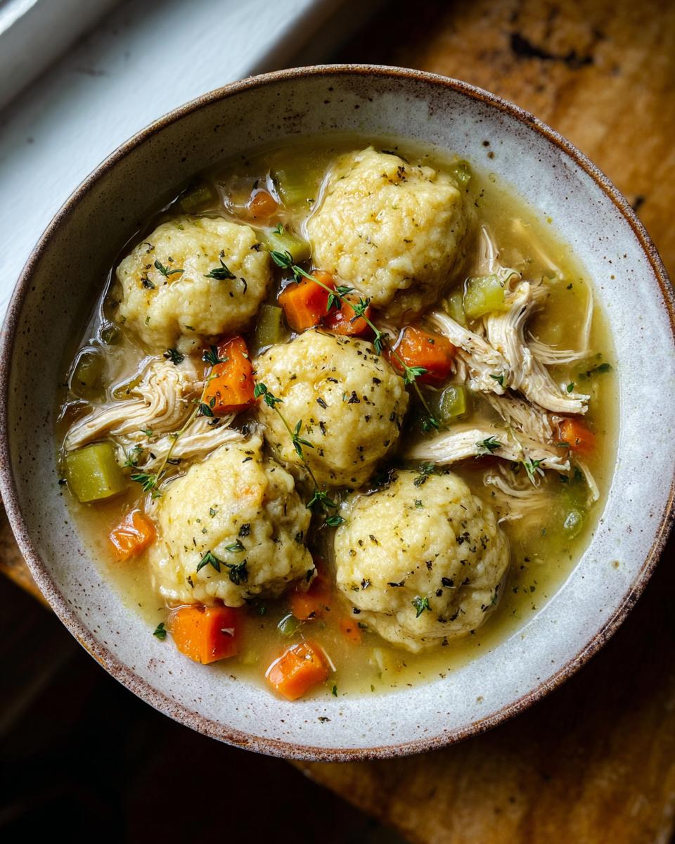 A close-up overhead view of a rustic bowl filled with comforting chicken and dumplings, featuring shredded chicken, carrots, celery, and fluffy dumplings.