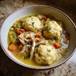 A close-up of a bowl of comforting chicken and dumplings, featuring shredded chicken, fluffy dumplings, carrots, and celery in broth.