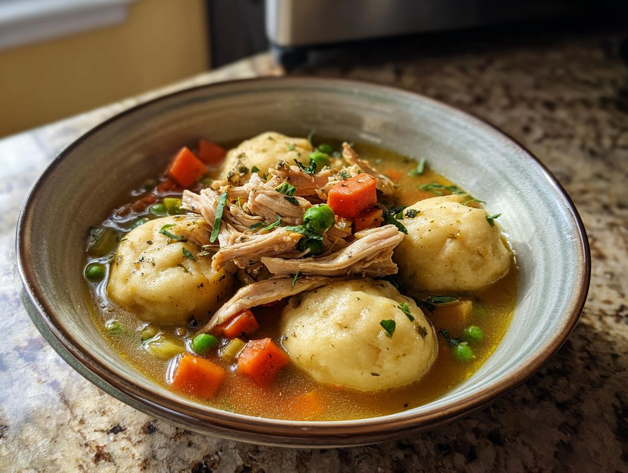 A close-up of a bowl of comforting chicken and dumplings, featuring fluffy dumplings, shredded chicken, carrots, and peas in broth.