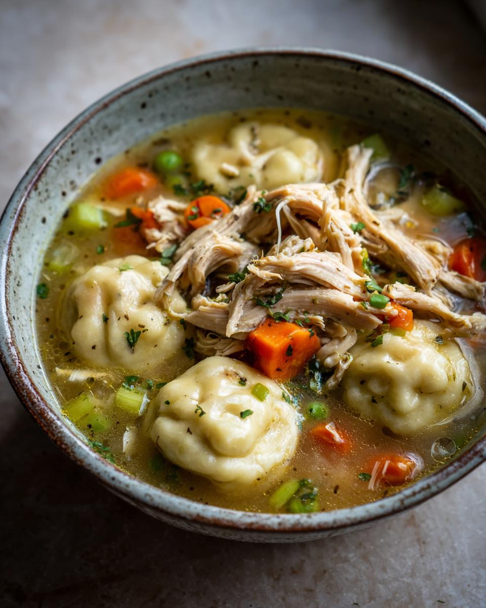A close-up of a bowl of comforting chicken and dumplings soup, filled with shredded chicken, vegetables, and fluffy dumplings.